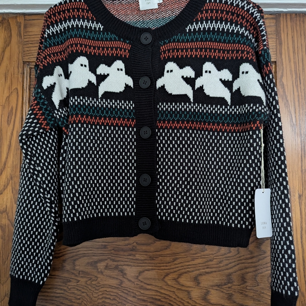Halloween Ghost Pattern Cardigan Sweater, Small, Luna Ivy